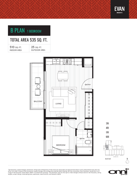 Floor plan for 1 bed, 1 bath, 512 sqft